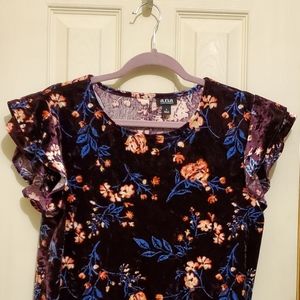 Floral Velvet Blouse in Deep Purple with Floaty Sleeves (L)